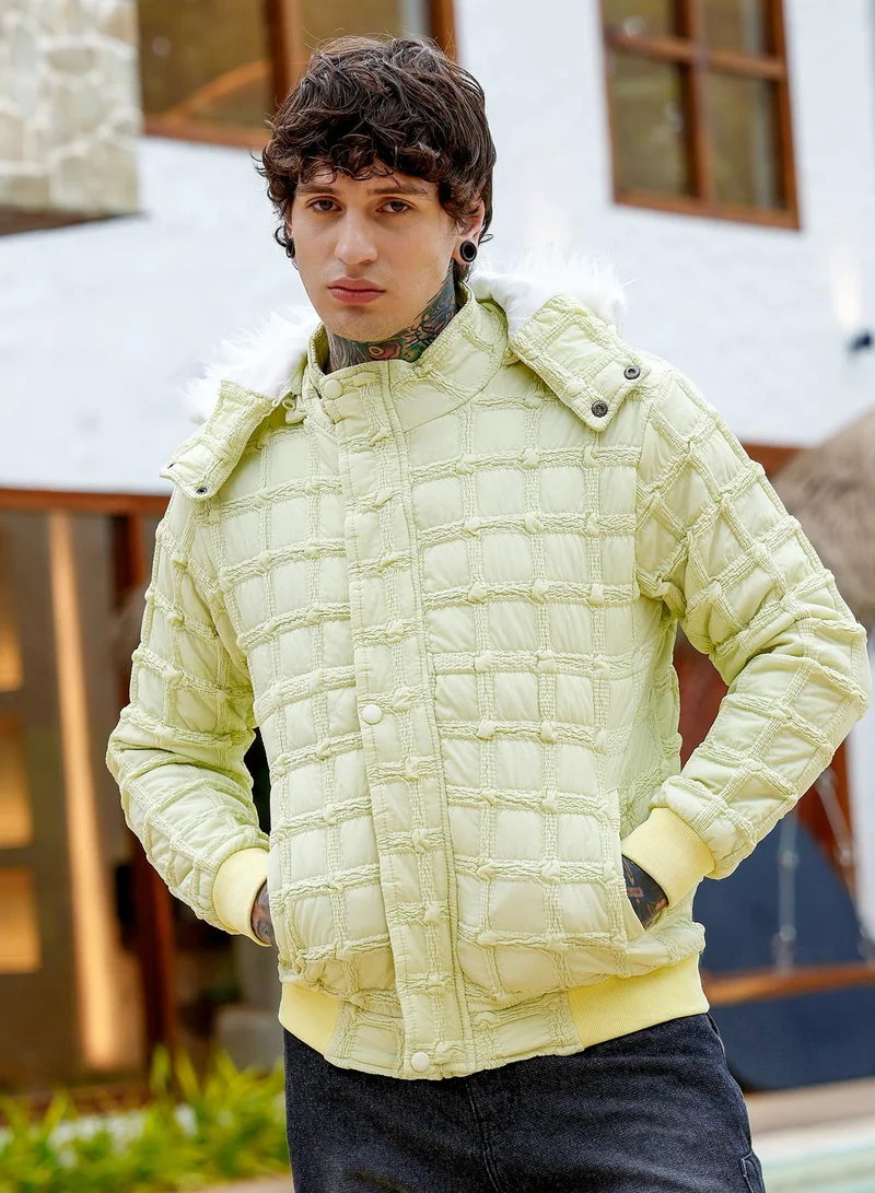 Campus Sutra Men's Grid-Tactile Puffer Jacket | Stand Collar , Long Ribbed Cuff Sleeves , Flap-Button Closure , Straight Hem | Solid Woven Textured For Casual & Daily | Lime Green