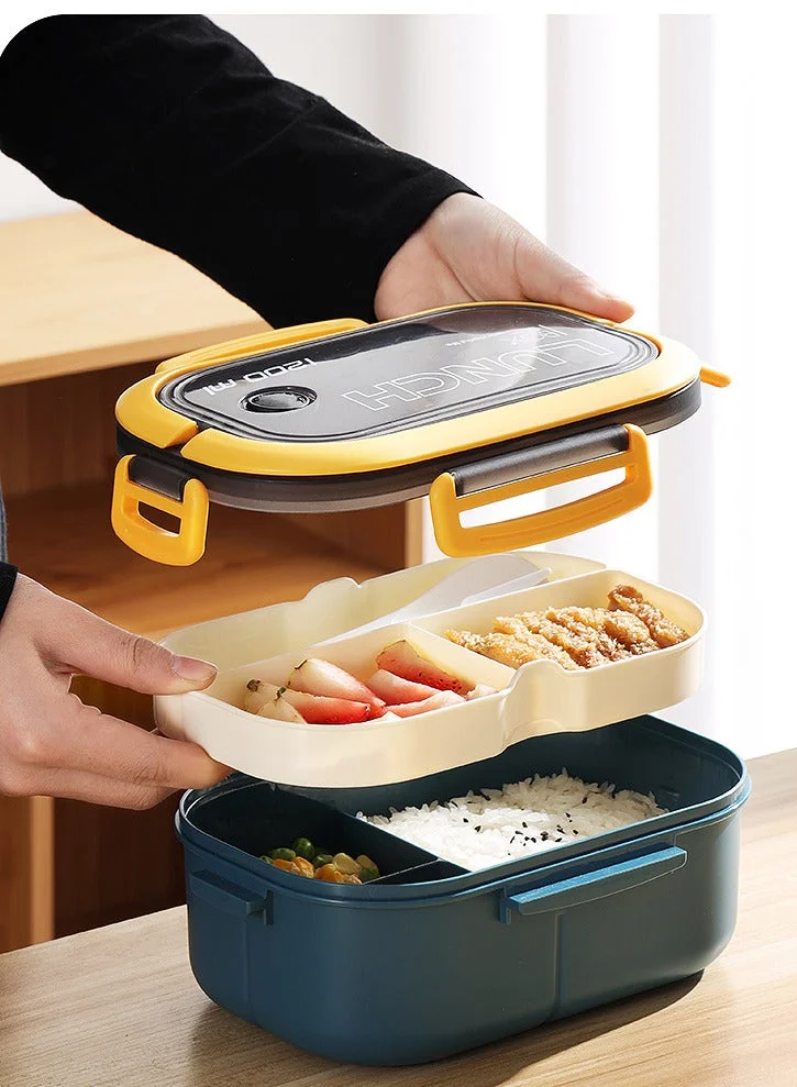 ياهـ صندوق غداء بينتو مانع للتسرب من ياهـ - بطبقتين و6 حجرات، طراز: LunchMate - آمن للاستخدام في الميكروويف وغسالة الصحون، يتضمن ملعقة وشوكة - مع مقبض مريح لانش بوكس للمدرسة والعمل والسفر