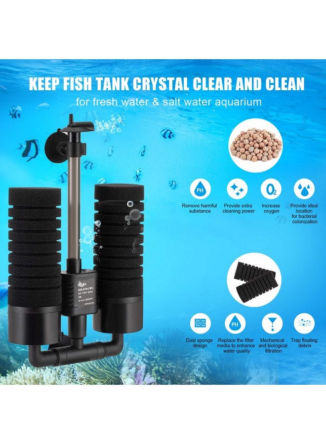 AQQA Aquarium Sponge Water Filter, Power Driven Double Biochemical Filter, Quiet Submersible Foam Filter with 2 Extra Sponges, 1 Bag of Filtered Ceramic Balls for Fresh and Salt Water Fish Tank (L) - Image 1
