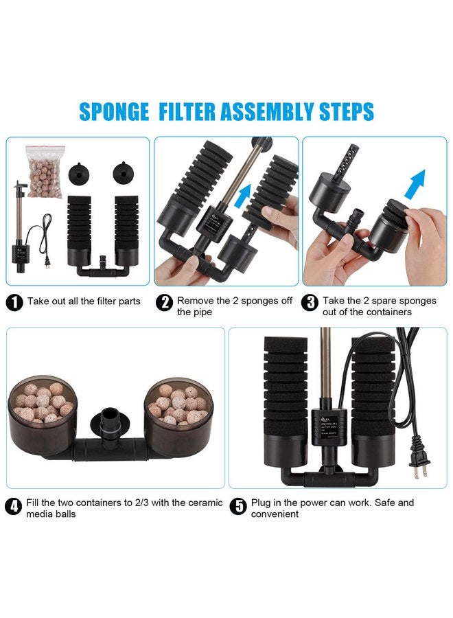 AQQA Aquarium Sponge Water Filter, Power Driven Double Biochemical Filter, Quiet Submersible Foam Filter with 2 Extra Sponges, 1 Bag of Filtered Ceramic Balls for Fresh and Salt Water Fish Tank (L) - Image 3