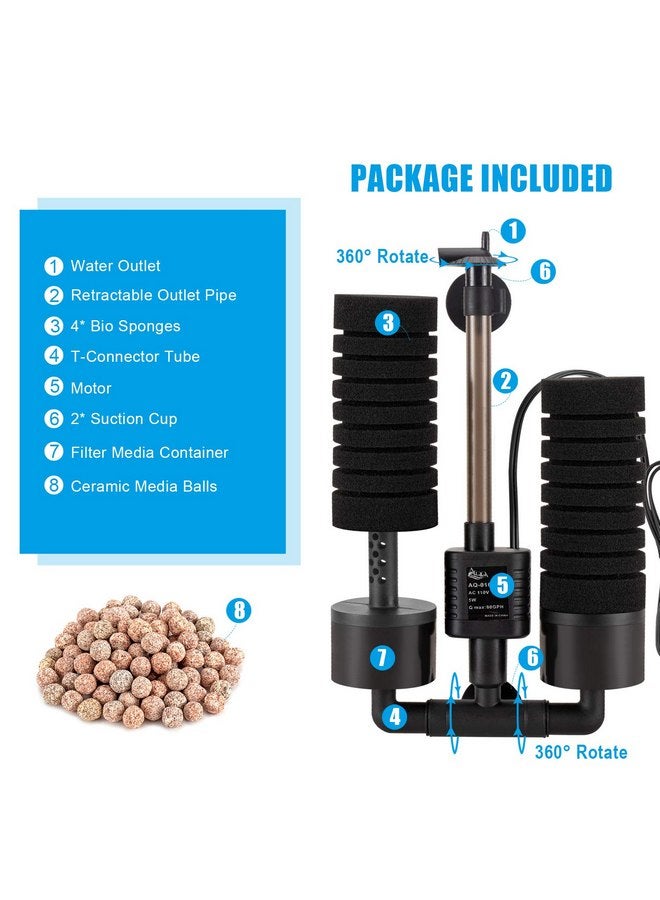 AQQA Aquarium Sponge Water Filter, Power Driven Double Biochemical Filter, Quiet Submersible Foam Filter with 2 Extra Sponges, 1 Bag of Filtered Ceramic Balls for Fresh and Salt Water Fish Tank (L) - Image 2