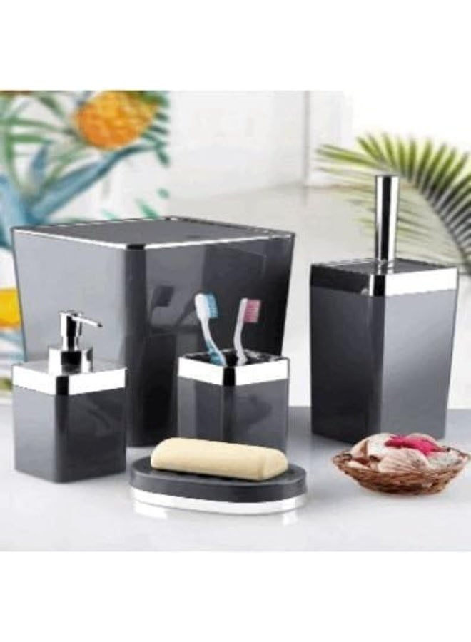 Modern Bathroom Accessories Set, 5 Pieces, Grey, Plastic Materials, Includes Soap Dispenser, Mug, Soap Dish and Brush Holder