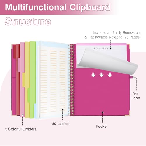 EYROZILL Clipboard Folio with Storage Pocket Organizer Folder Refillable Lined Notepad Spiral Clipboards, Rose red - Image 3
