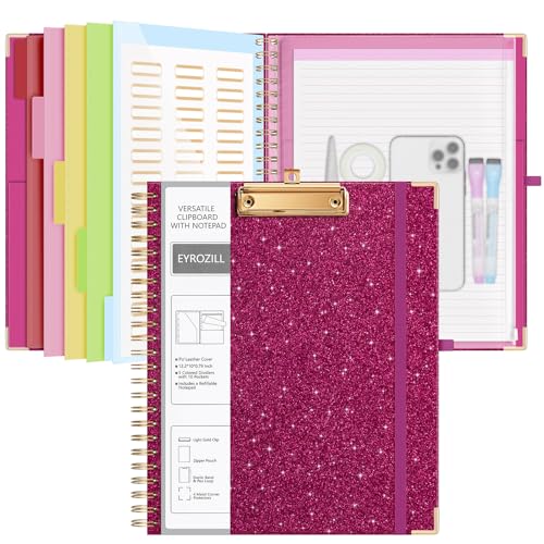EYROZILL Clipboard Folio with Storage Pocket Organizer Folder Refillable Lined Notepad Spiral Clipboards, Rose red - Image 1
