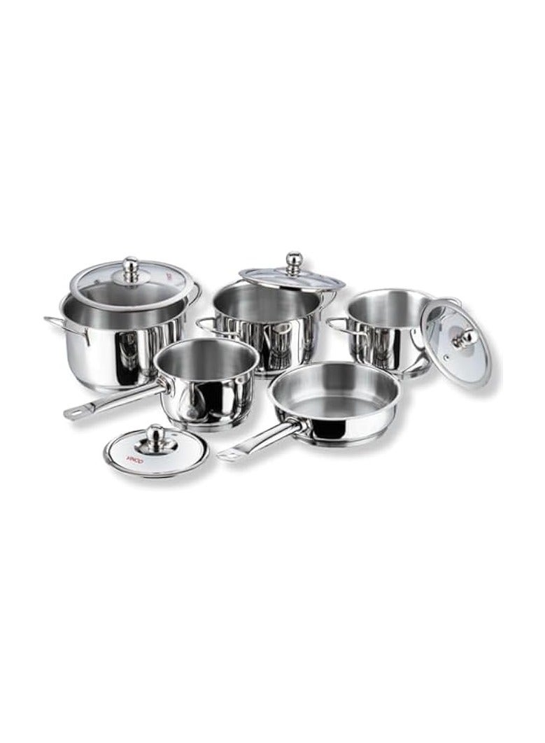 Green Tiger Stainless Steel Cookware Set, 8 Pcs|Saucepan (14 cm/1.3 Litre), 3 Cassseroles (14cm,16cm & 18cm/1.3,2 & 2.8 L) Frypan (18cm) & 3 glass lids, SAS Bottom, Induction and Gas Stove Friendly - Image 1