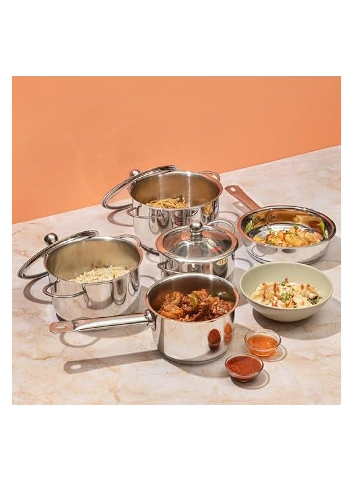 Green Tiger Stainless Steel Cookware Set, 8 Pcs|Saucepan (14 cm/1.3 Litre), 3 Cassseroles (14cm,16cm & 18cm/1.3,2 & 2.8 L) Frypan (18cm) & 3 glass lids, SAS Bottom, Induction and Gas Stove Friendly - Image 2