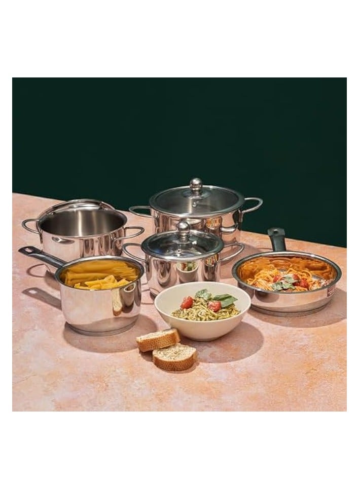 Green Tiger Stainless Steel Cookware Set, 8 Pcs|Saucepan (14 cm/1.3 Litre), 3 Cassseroles (14cm,16cm & 18cm/1.3,2 & 2.8 L) Frypan (18cm) & 3 glass lids, SAS Bottom, Induction and Gas Stove Friendly - Image 3