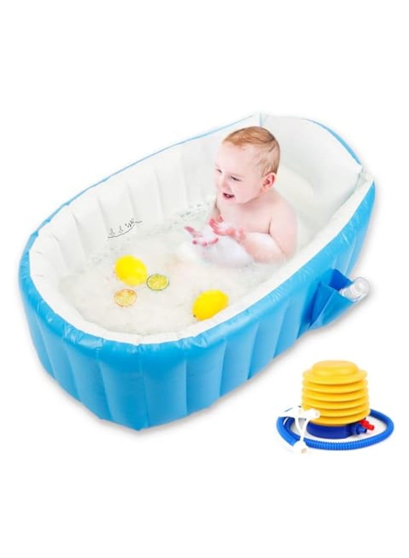 Arabest حمام أطفال قابل للنفخ - حوض استحمام محمول للأطفال مع مضخة هواء، حوض قابل للنفخ قابل للطي للمواليد الجدد والأطفال الصغار، حمام سفر غير قابل للانزلاق مع قابس تصريف وخطاف، بركة هواء للاستخدام الداخلي والخارجي، أزرق - Image 1