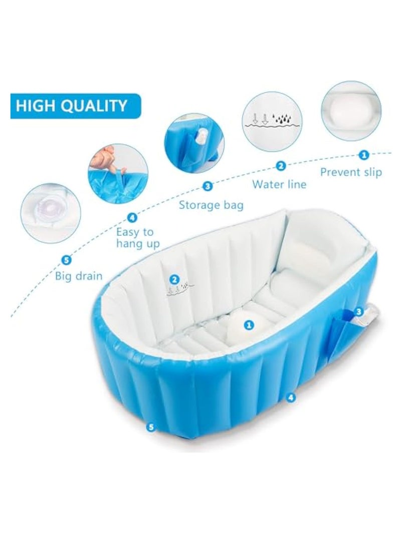 Arabest حمام أطفال قابل للنفخ - حوض استحمام محمول للأطفال مع مضخة هواء، حوض قابل للنفخ قابل للطي للمواليد الجدد والأطفال الصغار، حمام سفر غير قابل للانزلاق مع قابس تصريف وخطاف، بركة هواء للاستخدام الداخلي والخارجي، أزرق - Image 4