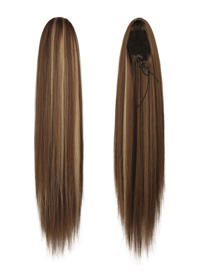 BARSDAR Drawstring Ponytail Extensions - 16 Inch Short Straight Drawstring Ponytail Hair Extensions for Women, Soft Synthetic Clip in Pony Tails Hairpieces - Brown with Highlights - Image 2