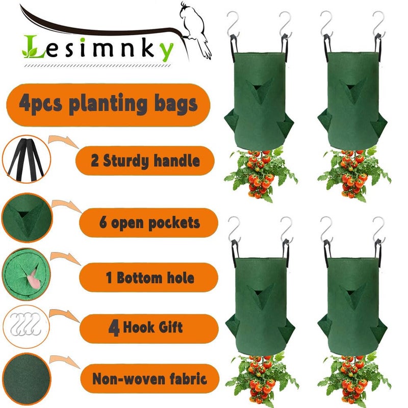Lesimnky 4Pack Upside Down Strawberry Planter, 3 Gallon Hanging Grow Bags for Tomato Vegetables 6 Planting Holes with 4 Hooks,Upside Down Strawberry Plant Hanger Vegetable Planting Bags for House (Dark Green) - Image 3