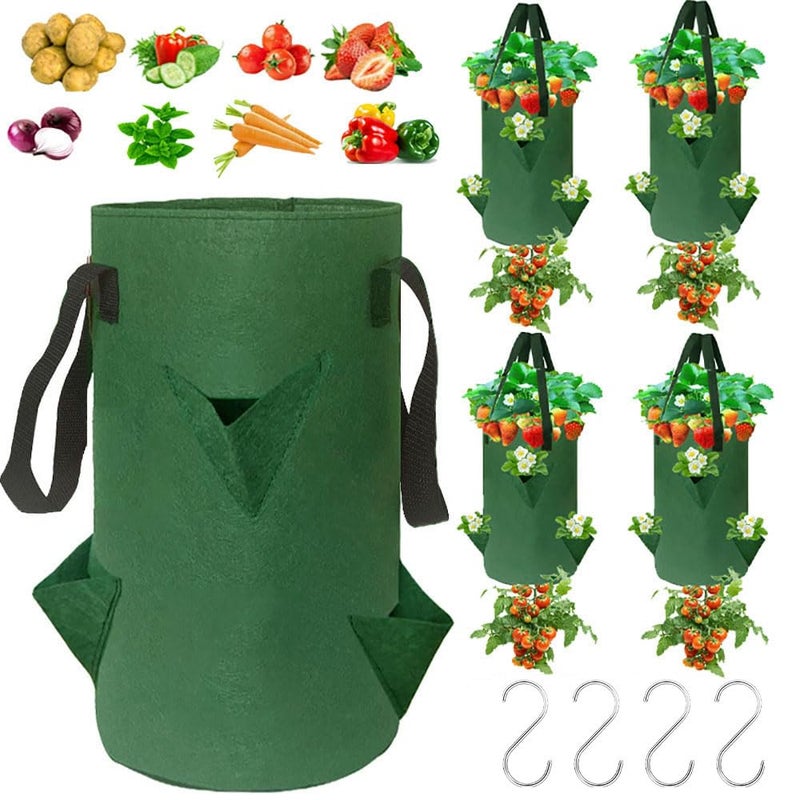 Lesimnky 4Pack Upside Down Strawberry Planter, 3 Gallon Hanging Grow Bags for Tomato Vegetables 6 Planting Holes with 4 Hooks,Upside Down Strawberry Plant Hanger Vegetable Planting Bags for House (Dark Green) - Image 1