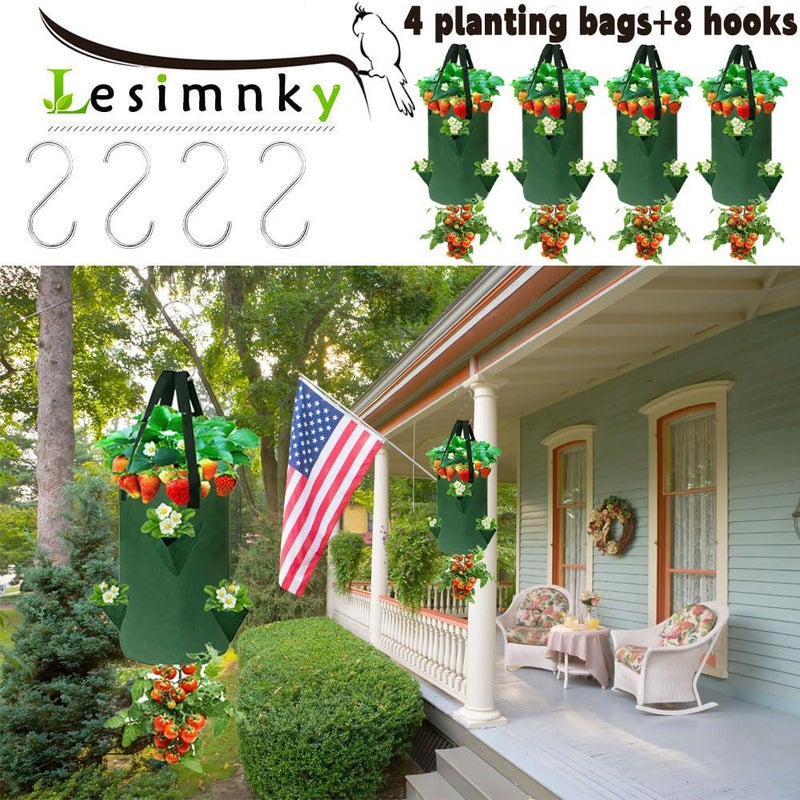 Lesimnky 4Pack Upside Down Strawberry Planter, 3 Gallon Hanging Grow Bags for Tomato Vegetables 6 Planting Holes with 4 Hooks,Upside Down Strawberry Plant Hanger Vegetable Planting Bags for House (Dark Green) - Image 5