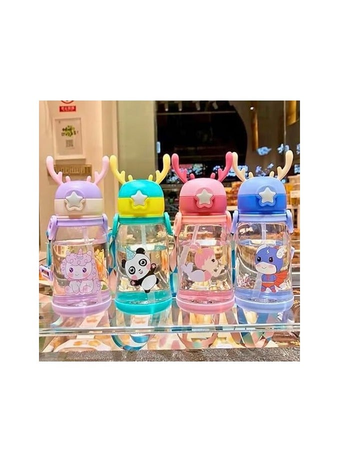 زجاجة مياه على شكل بوق مع شخصية كرتونية (600 مل)، خالية من البيسفينول ايه، زجاجة مياه مضادة للتسرب مع ماصة وحزام وملصقات كرتونية، خفيفة الوزن ومتينة للمدرسة او السفر (يونيكورن ارجواني) - Image 2