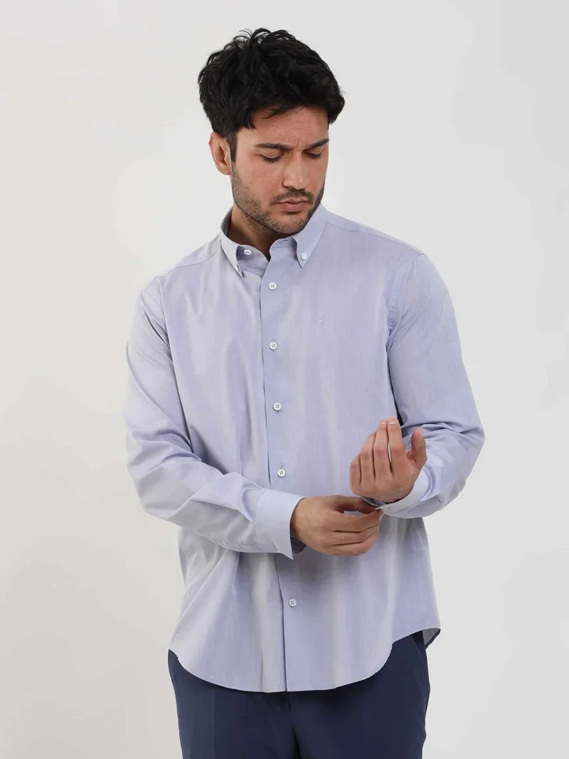 دوفي Light Blue Men's Regular Fit Plain Brent Button Collar Long Sleeve Shirt - 102249