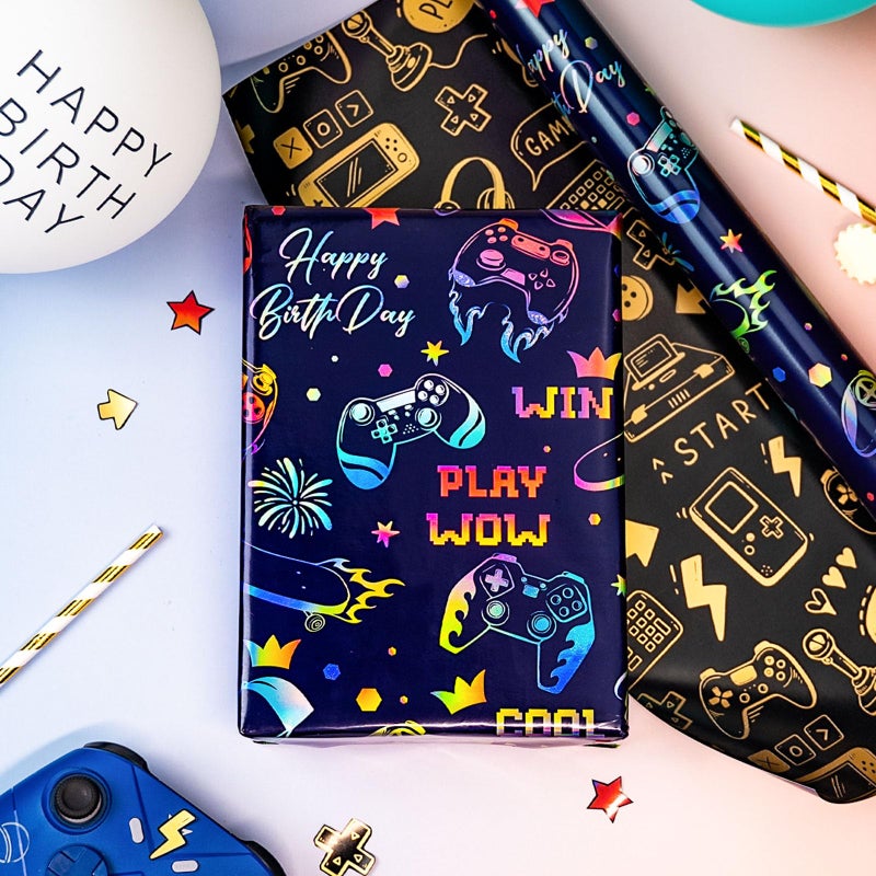 Yarcony Gaming Wrapping Paper, Blue Birthday Wrapping Paper for Boys, Holographic Video Game Controller Theme Gift Wrap for Boys Men Birthday, Christmas, Father's Day (Mini Roll, 17 In X 33 Ft) - Image 2
