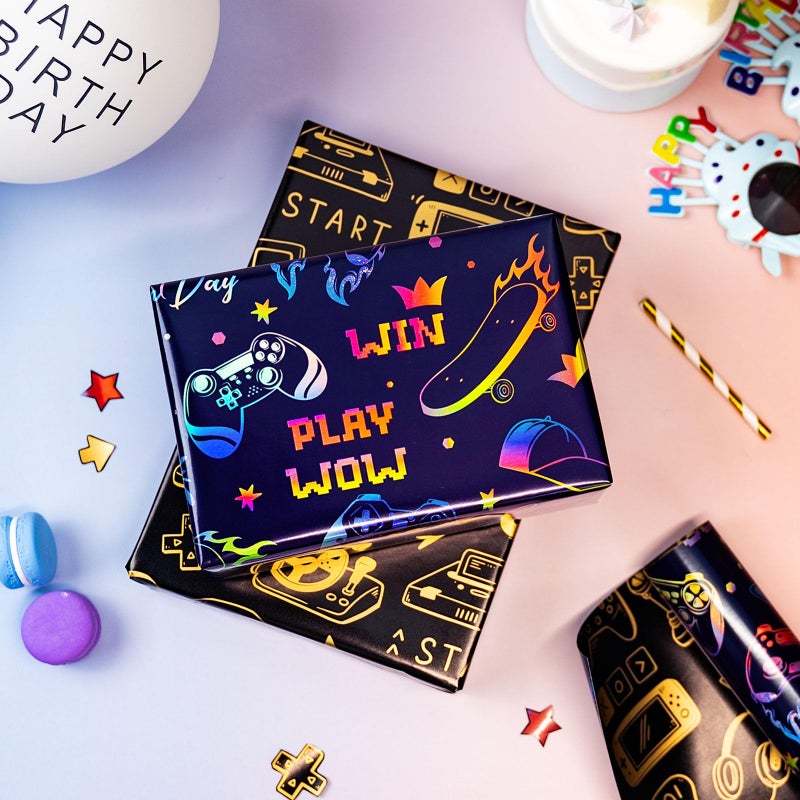 Yarcony Gaming Wrapping Paper, Blue Birthday Wrapping Paper for Boys, Holographic Video Game Controller Theme Gift Wrap for Boys Men Birthday, Christmas, Father's Day (Mini Roll, 17 In X 33 Ft) - Image 4