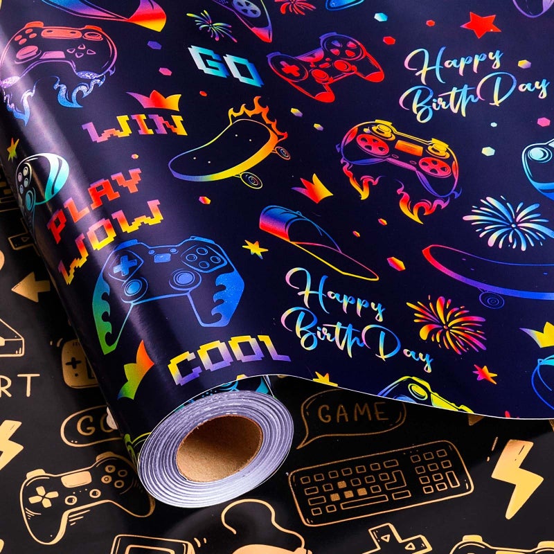 Yarcony Gaming Wrapping Paper, Blue Birthday Wrapping Paper for Boys, Holographic Video Game Controller Theme Gift Wrap for Boys Men Birthday, Christmas, Father's Day (Mini Roll, 17 In X 33 Ft) - Image 1