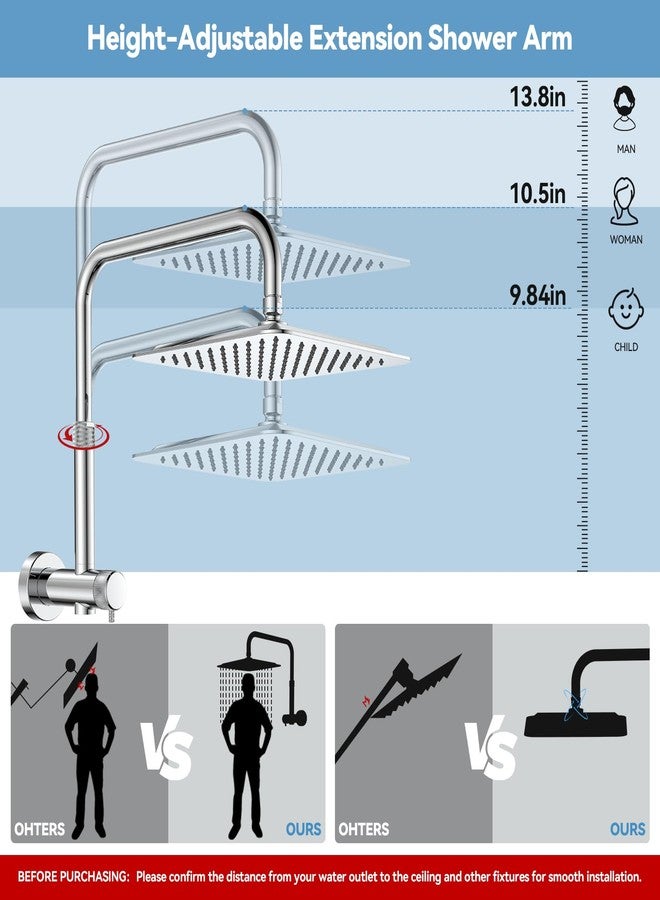 MakeFit Rainfall Shower Heads with Handheld Combo - 10 Inch High Pressure Rain Shower Head, 9 Modes Handheld Shower Head with Height Adjustable Shower Extension Arm and Slide Bar - Chrome - Image 3