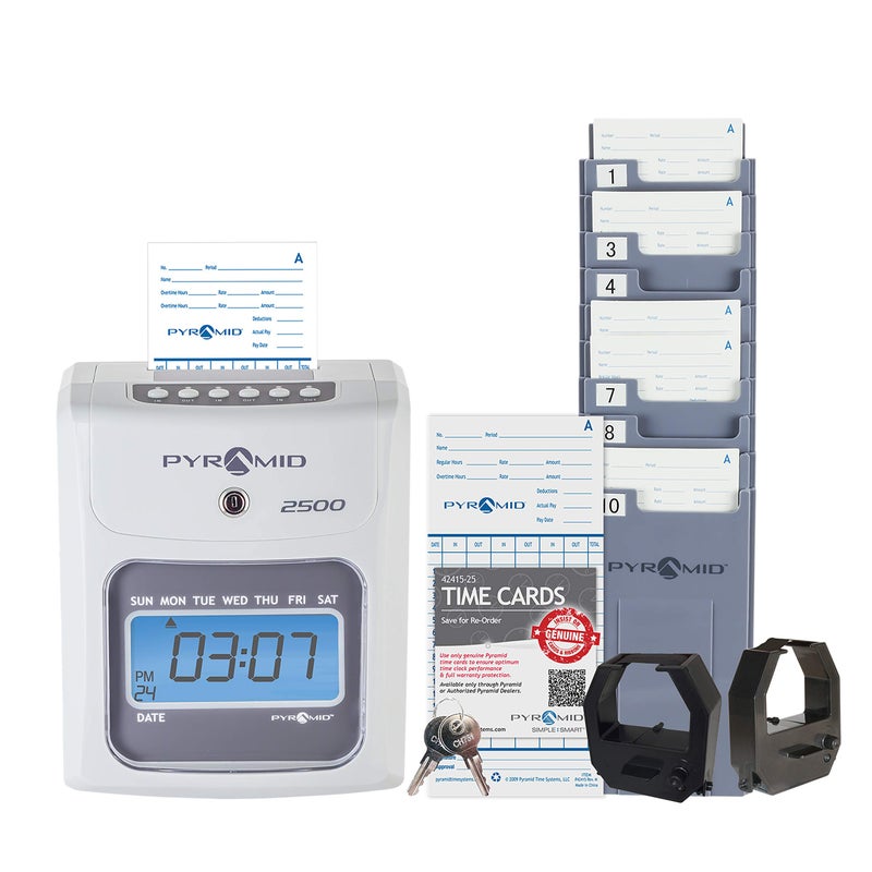 Pyramid Time Systems - Model 2500 Auto Aligning and Top Loading Time Clock [2500K1] Bundle Includes: Time Clock, 100 Time Cards, 2 Ink Ribbon cartridges, one 10 slot time card rack and 2 Security Keys - Image 1