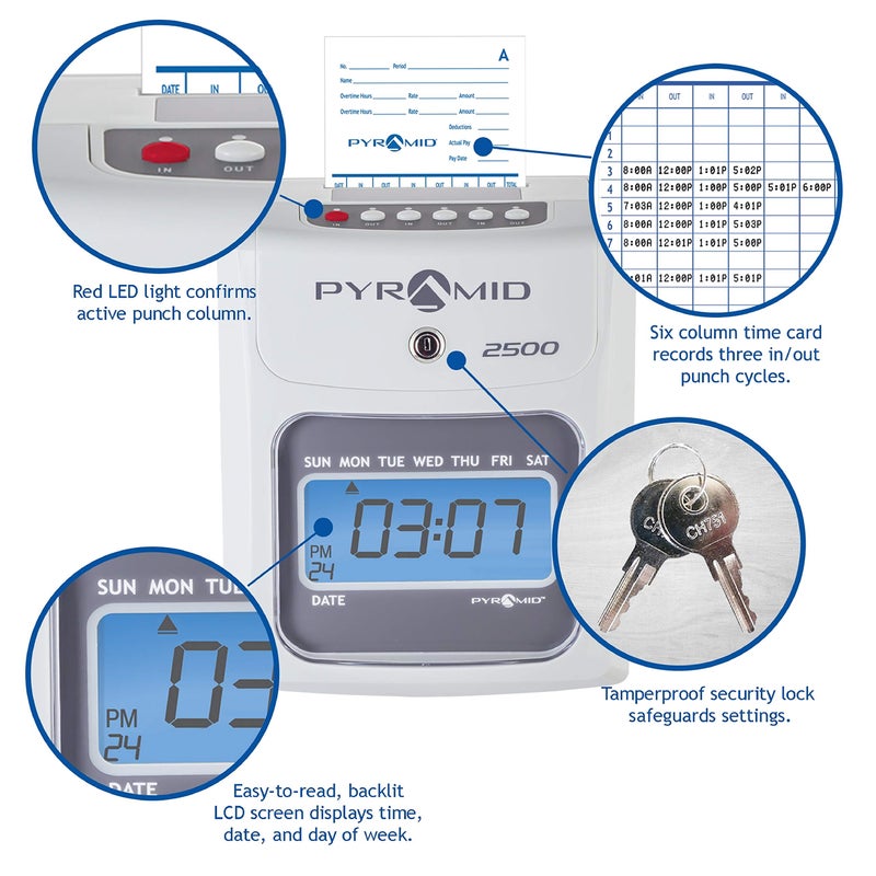 Pyramid Time Systems - Model 2500 Auto Aligning and Top Loading Time Clock [2500K1] Bundle Includes: Time Clock, 100 Time Cards, 2 Ink Ribbon cartridges, one 10 slot time card rack and 2 Security Keys - Image 2