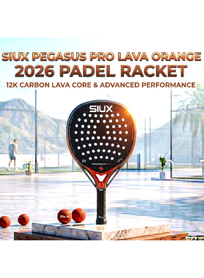 SIUX مضرب بادل Siux Pegasus Pro Lava Orange 2026 – مضرب هجين من ألياف الكربون 12K مع قلب EVA، نسيج ثلاثي الأبعاد، قوة وتحكم للاعبين المحترفين - Image 1