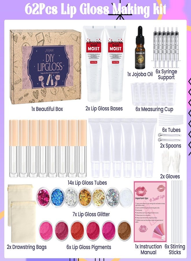 JUYRLE Lip Gloss Making Kit- Make Your Own LipGloss Kit for Women, 62Pcs DIY Lipstick Set with Moisturizing Lip Gloss Base, Pigments, Tubes, Lip Gloss Set for Teens, Christmas Gift for Girls Women - Image 2