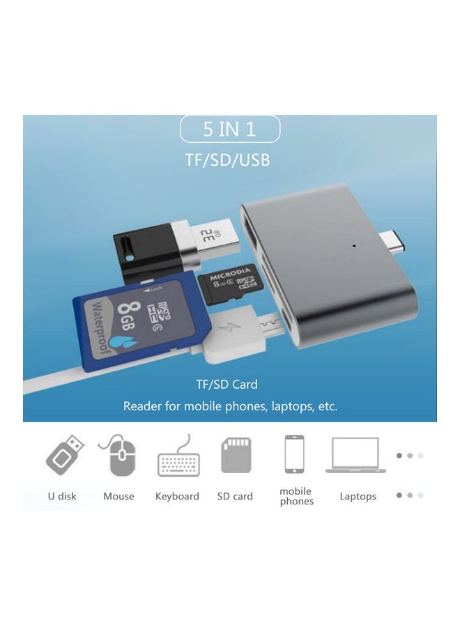 NIBEMINENT 5 IN 1 Multi-Function Type-C HUB OTG USB 3.0 U Disk TF/SD Card Reader Silver  - Image 5