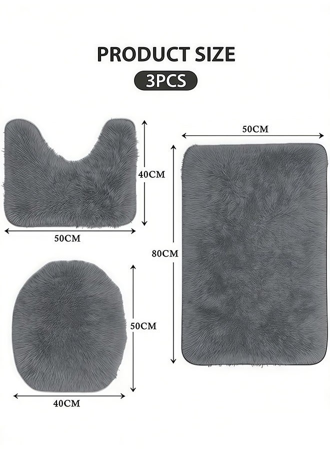HQ-GAMING Microfiber Bathroom Rug Set 3 Piece Super Soft Fluffy Absorbent Non-Slip Bath Mat Contour Mat Toilet Lid Cover with Rubber Backing Grey for Home and Daily Use - Image 2