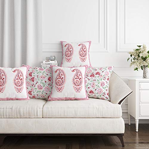BLOCKS OF INDIA Hand Block Printed Cotton Cushion Cover (16 x 16 inches) (5, Pink-Peach Paisley) - Image 1