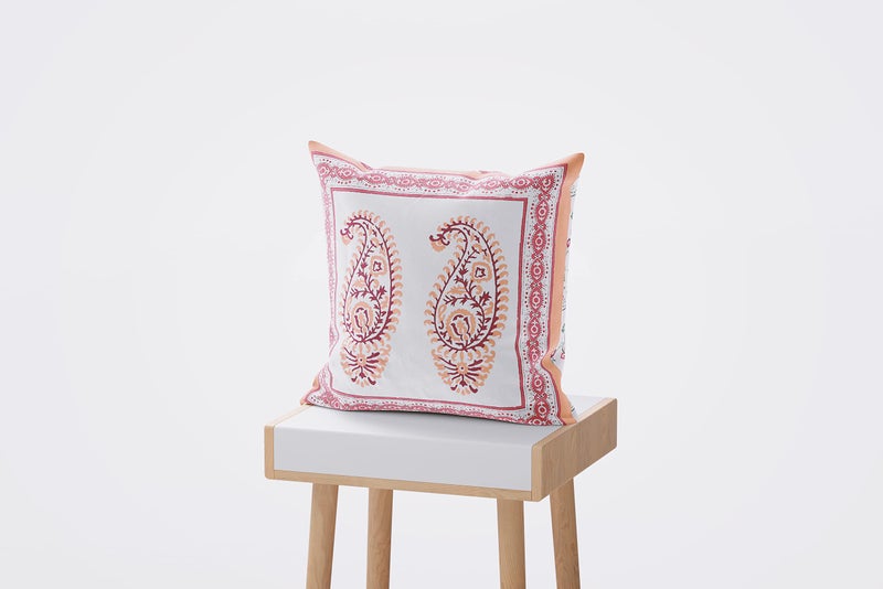 BLOCKS OF INDIA Hand Block Printed Cotton Cushion Cover (16 x 16 inches) (5, Pink-Peach Paisley) - Image 2