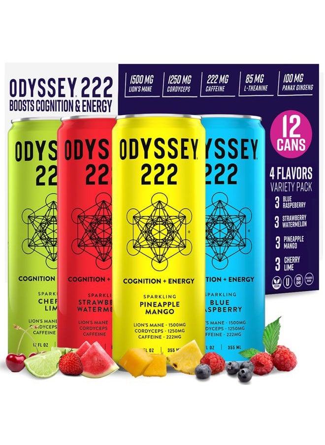 San Francisco Soap Company - Odyssey 222 Energy Drink, Pre Workout, 222mg Caffeine, Clean Energy Drinks, L Theanine, Lions Mane, Cordyceps & Green Tea for Energy, Focus & Mood Boost, Low Calorie, Variety Pack, 12 Fl oz, 12 Pack - Image 1