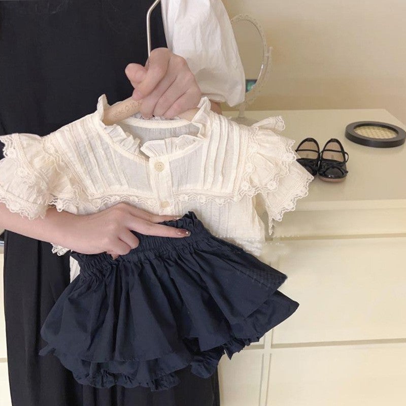 Korean Style Childrens Wear Girls Summer Dress Fashionable Western Style suit Childrens Lace Lace Shirt Flower Bud Shorts Two-piece Set Trendy Lace Coat and Black Bud Pants