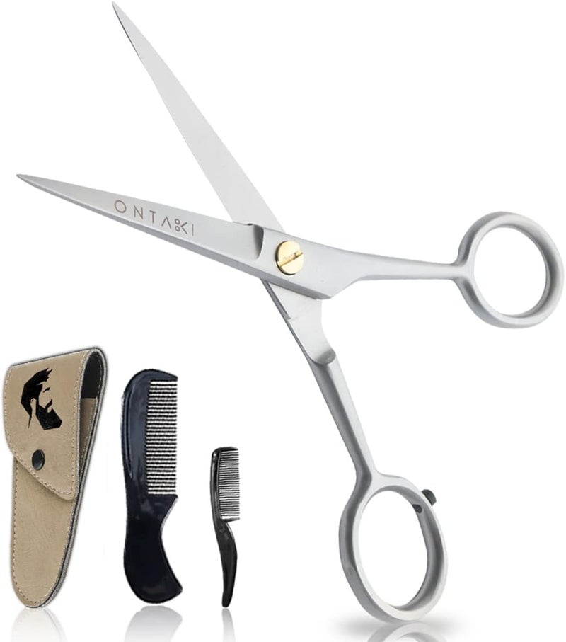 Professional German Steel Beard Scissors Men's Mustache Scissors with Beard Comb & Carry Bag Cet, Hand Forged Bevelled Edge Precision Facial Hair Trimming - 5 Inch Silver