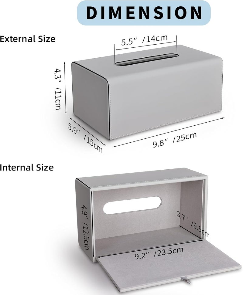 KINGFOM Tissue Box Cover, PU Leather Rectangular Tissue Box Holder with Magnetic Bottom Cover for Facial Tissues/Napkins, Office & Living Room Decor Box (Gray) - Image 2