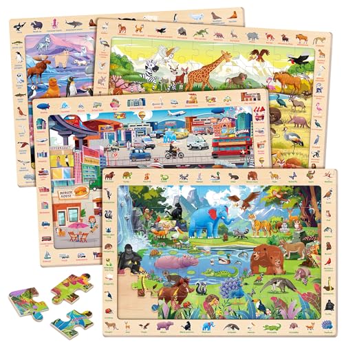 SYNARRY Wooden Puzzles for Kids Ages 46 4 x 60 Piece Match Find Puzzles for Kids Ages 35 Boy Girl Educational Easter Gifts for 48 Year Olds Learning Jungle Savannah Polar Animals City Life - Image 1