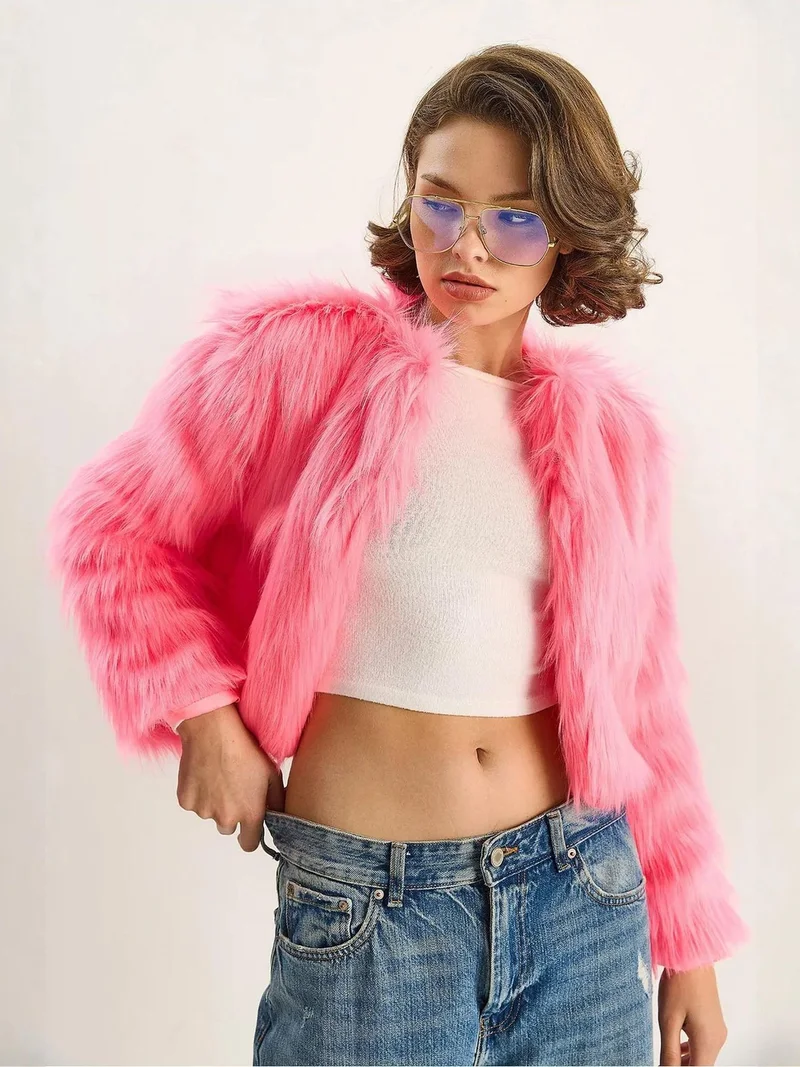 Bianco Lucci Bright Pink LUCCI Boxy Crop Faux Fur Coat for Women | Best Price UAE