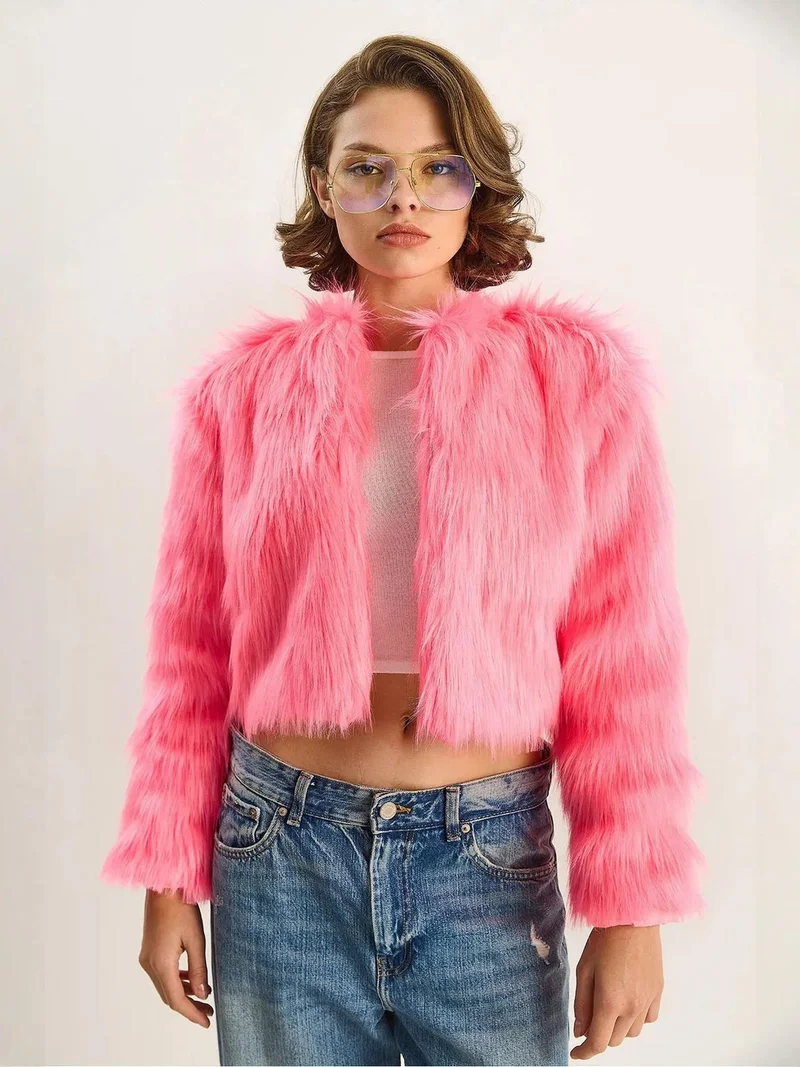 Bianco Lucci Bright Pink LUCCI Boxy Crop Faux Fur Coat for Women | Best Price UAE