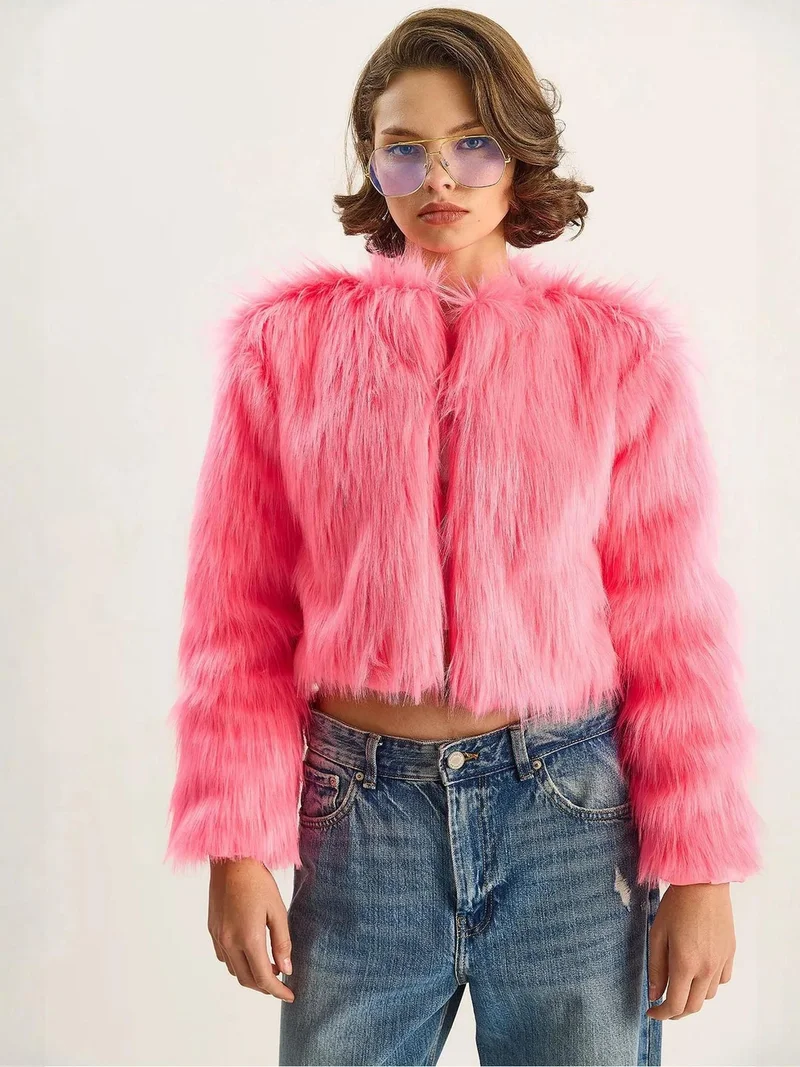 Bianco Lucci Bright Pink LUCCI Boxy Crop Faux Fur Coat for Women | Best Price UAE