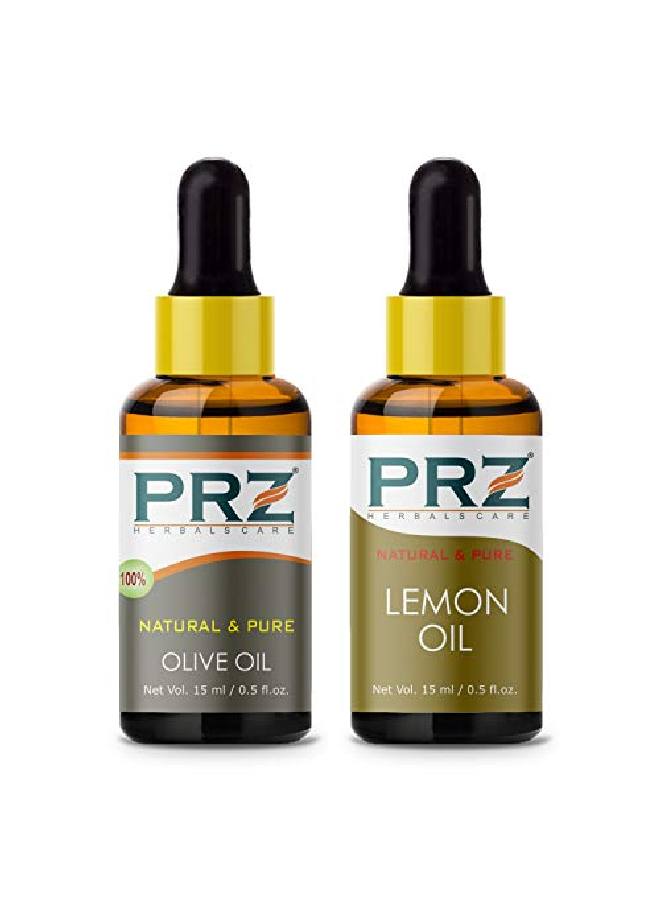 PRZ Combo of Cold Pressed Olive Carrier Oil & Lemon Essential Oil 100% Pure l & Therapeutic Grade Oil for Aromatherapy Body Massage Skin Care & Hair Growth (15ML Each) - Image 1