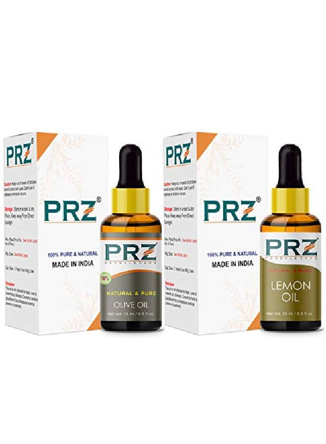 PRZ Combo of Cold Pressed Olive Carrier Oil & Lemon Essential Oil 100% Pure l & Therapeutic Grade Oil for Aromatherapy Body Massage Skin Care & Hair Growth (15ML Each) - Image 3