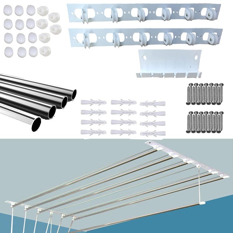 SAI PRASEEDA Rust Proof Stainless Steel Ceiling Clothes Hanger_Cloth Drying Hanging Stand for Balcony_Individual Dropdown Railers_Nylon Ropes_4 Feet X 6 Pipes with A Cloth Hanging Rope PHCS2 - Image 2