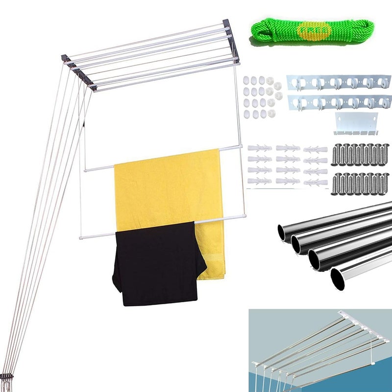 SAI PRASEEDA Rust Proof Stainless Steel Ceiling Clothes Hanger_Cloth Drying Hanging Stand for Balcony_Individual Dropdown Railers_Nylon Ropes_4 Feet X 6 Pipes with A Cloth Hanging Rope PHCS2 - Image 1