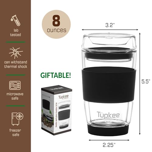 Tupkee Double Wall Glass Tumbler - 8-Ounce, All Glass Hand Blown Reusable Insulated Tea/Coffee Mug & Lid, Travel Mug - Black - Image 5