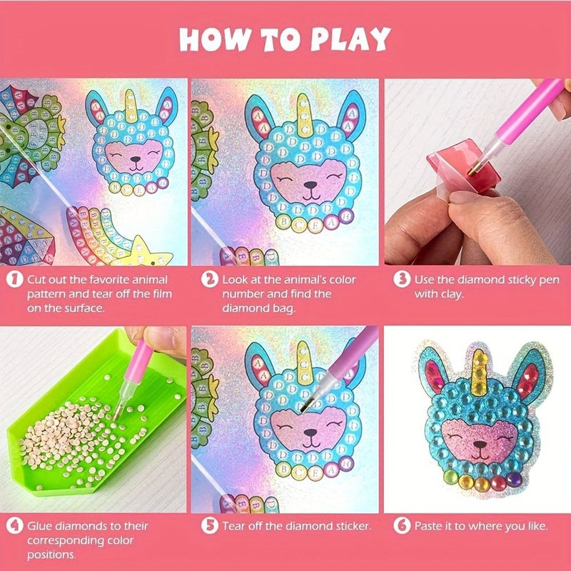 12 قطعة من ملصقات الرسم بالماس 5D DIY، مجموعة حرفية قوس قزح يونيكورن كرتون حيوان - Image 3