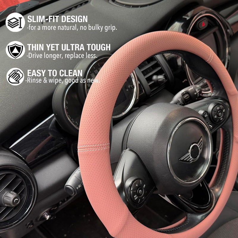 PINCTROT Nappa Leather Steering Wheel Cover with Ergonomic Palm Support Grip, Full Perforated Breathable, Slim Fit No Bulk Design, Universal 14.5-15 Inch (Maple Brown) - Image 3