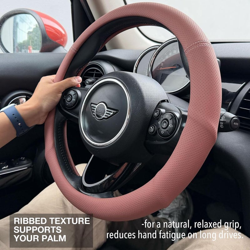 PINCTROT Nappa Leather Steering Wheel Cover with Ergonomic Palm Support Grip, Full Perforated Breathable, Slim Fit No Bulk Design, Universal 14.5-15 Inch (Maple Brown) - Image 2
