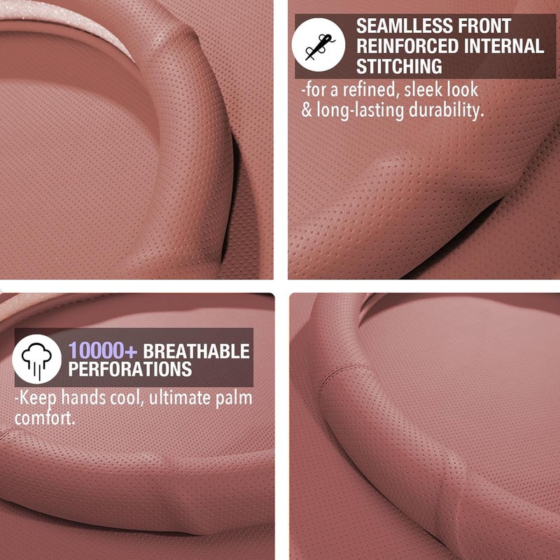 PINCTROT Nappa Leather Steering Wheel Cover with Ergonomic Palm Support Grip, Full Perforated Breathable, Slim Fit No Bulk Design, Universal 14.5-15 Inch (Maple Brown) - Image 4