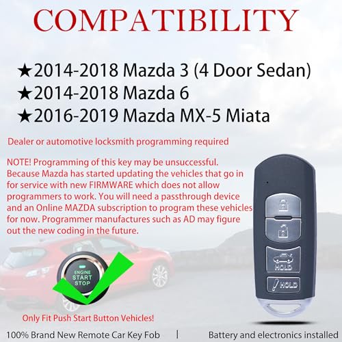 MechanMagic Smart Key Fob Replacement Fits for Mazda 3 Mazda 6 2014 2015 2016 2017 2018 / MX-5 Miata 2016-2019 Keyless Entry Remote Control WAZSKE13D01 IC: SKE13D-01 662F-SKE13D01 315MHz ID49 Chip - Image 2