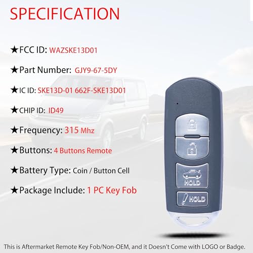 MechanMagic Smart Key Fob Replacement Fits for Mazda 3 Mazda 6 2014 2015 2016 2017 2018 / MX-5 Miata 2016-2019 Keyless Entry Remote Control WAZSKE13D01 IC: SKE13D-01 662F-SKE13D01 315MHz ID49 Chip - Image 4